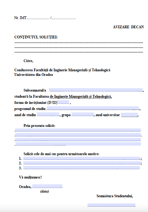 Cerere Secretariat IMT - Universitatea Oradea