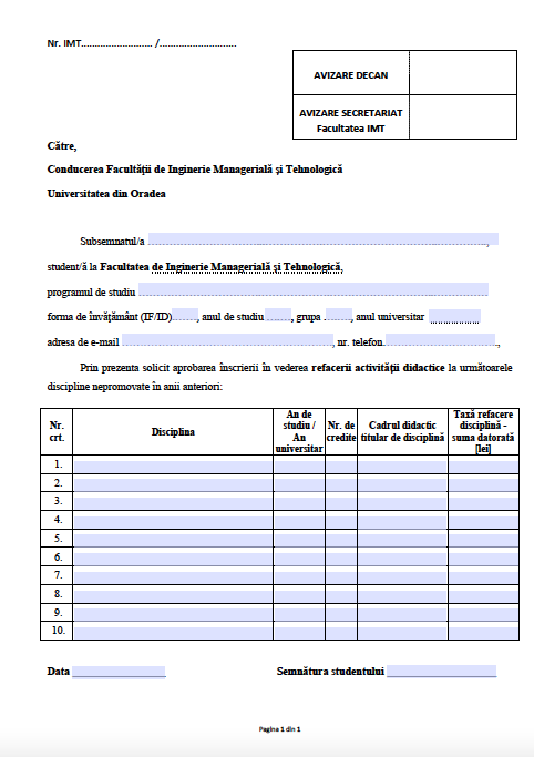 Cerere refacere disciplina-IMT-Universitate Oradea