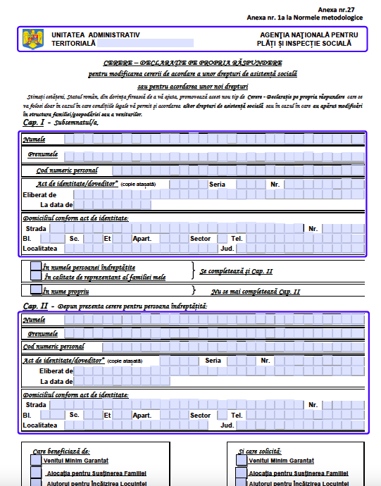 CERERE – DECLARAŢIE PE PROPRIA RĂSPUNDERE pentru modificarea cererii de acordare a unor drepturi de asistenţă socială