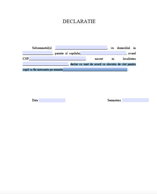 Declarația celuilalt părinte cu privire la acordarea alocației de stat pentru creșterea copilului