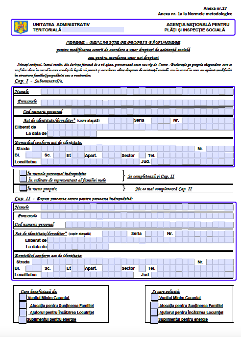 Cerere pentru beneficiarii de Venitul Minim Garantat și Ajutor pentru Susținerea Familiei