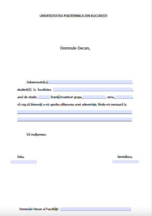 Formular cerere adeverinta student UPB