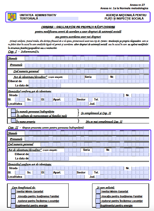 Cerere - formular pentru beneficiarii de venit minim garantat si ajutor pentru sprijinirea familiei