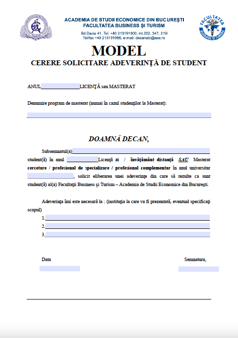 Cerere solicitare adeverinta student F Business si Turism - ASE